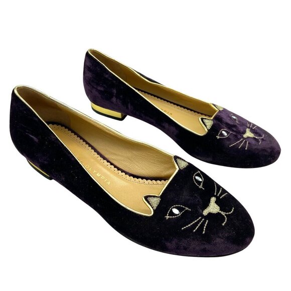 Charlotte Olympia Kitty Cat Purple Velvet Flats Loafers Gold, EU 39 US 8.5-9 - Picture 7 of 13
